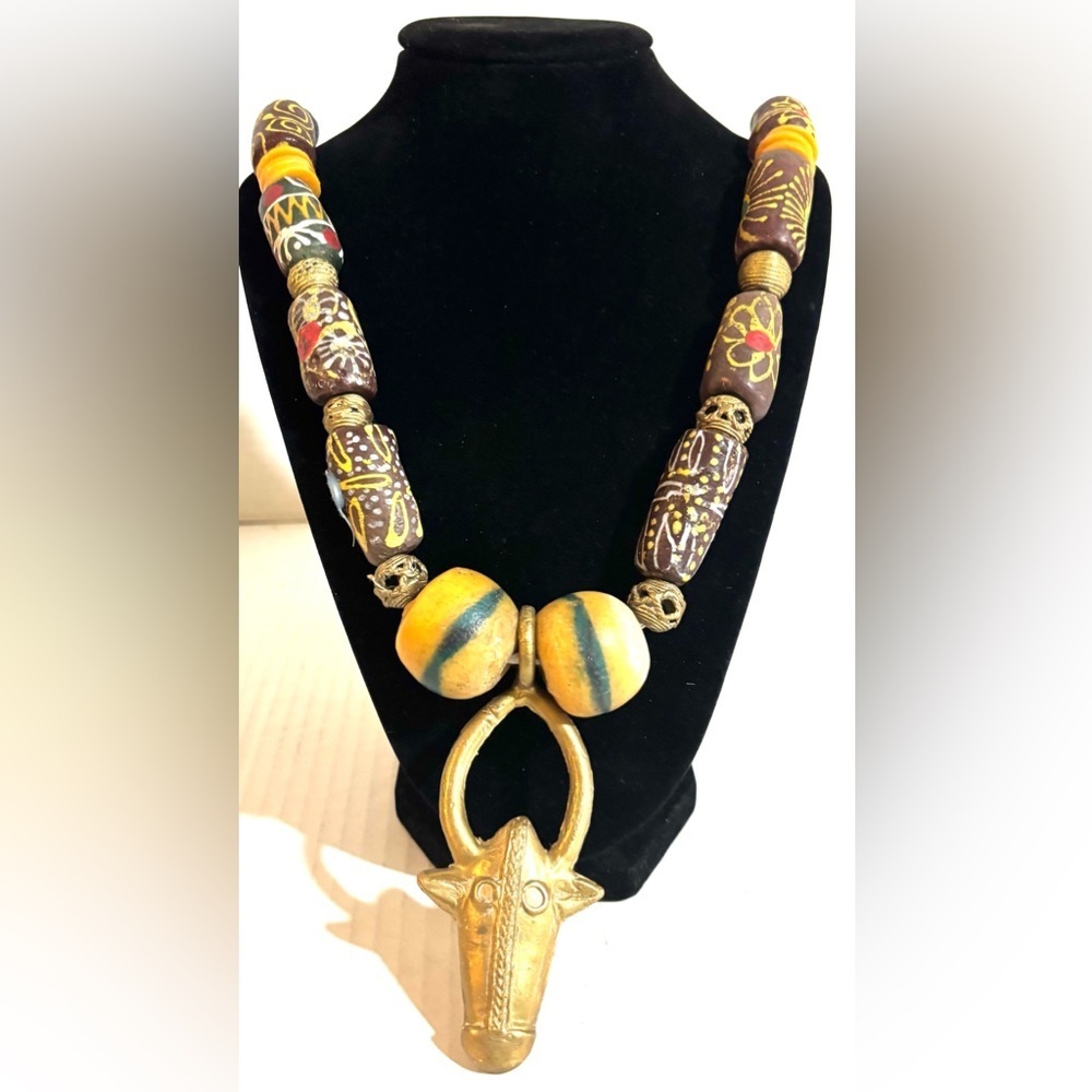 Artisan unisex Yellow & Brown Beaded Necklace with Gold Horn Pendant